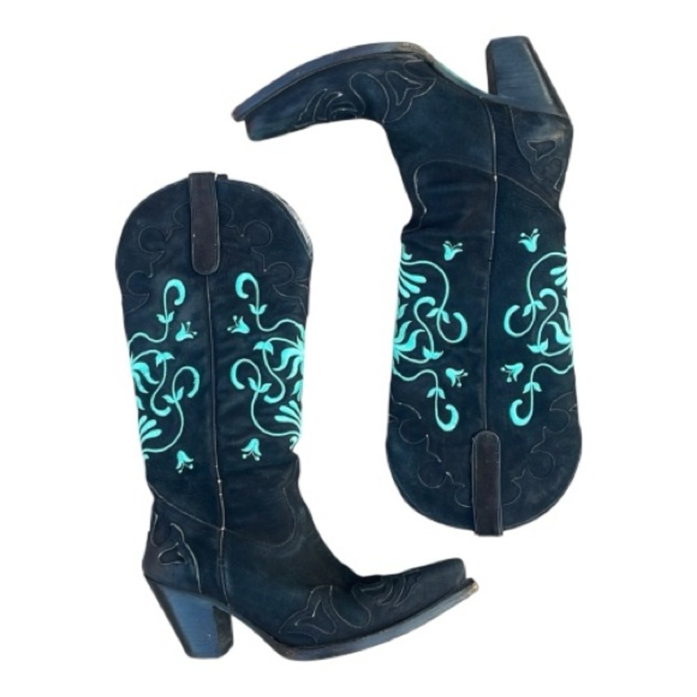 Lane Women’s Black and Turquoise Embroidered Leather Western Cowboy Boots size 6